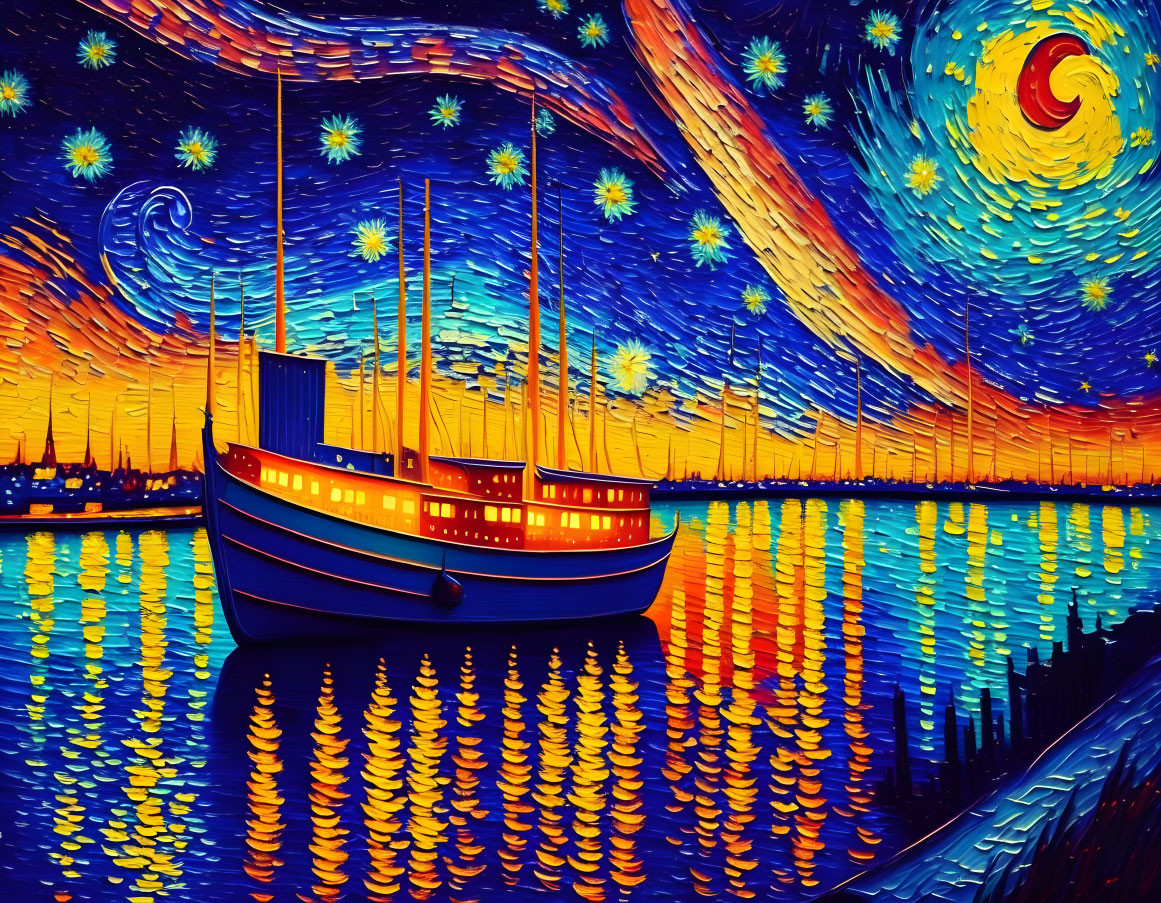 Starry Night Sky Painting with Luminous Boat