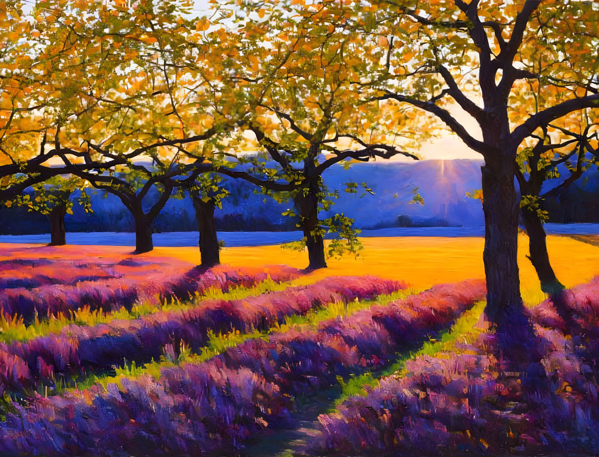 Lavender Field Sunset Painting with Golden Light and Long Shadows