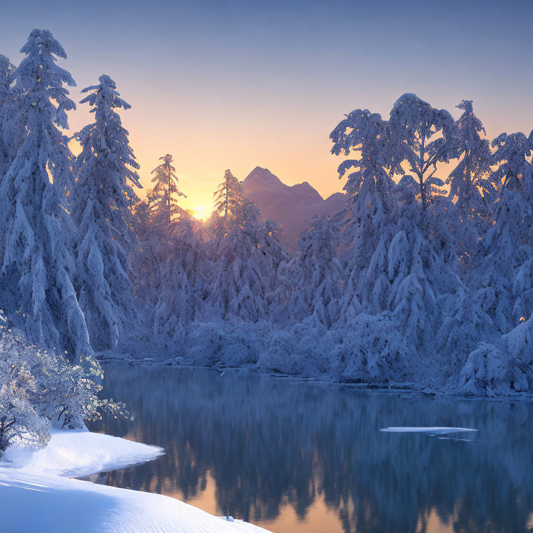Scenic sunrise over snow-covered mountains and trees by a calm lake