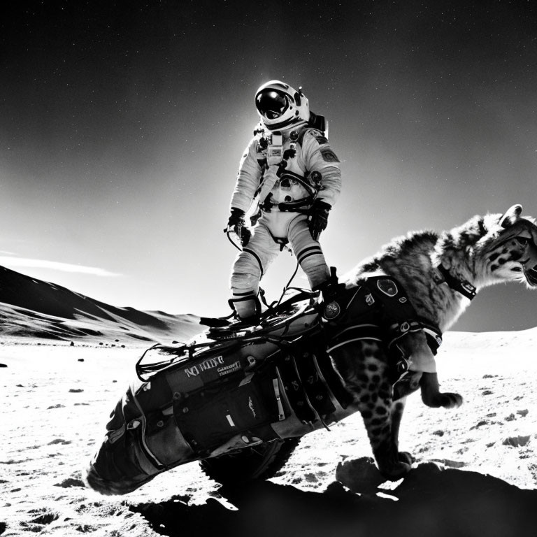 Astronaut on Motorcycle with Tiger in Moon-like Landscape