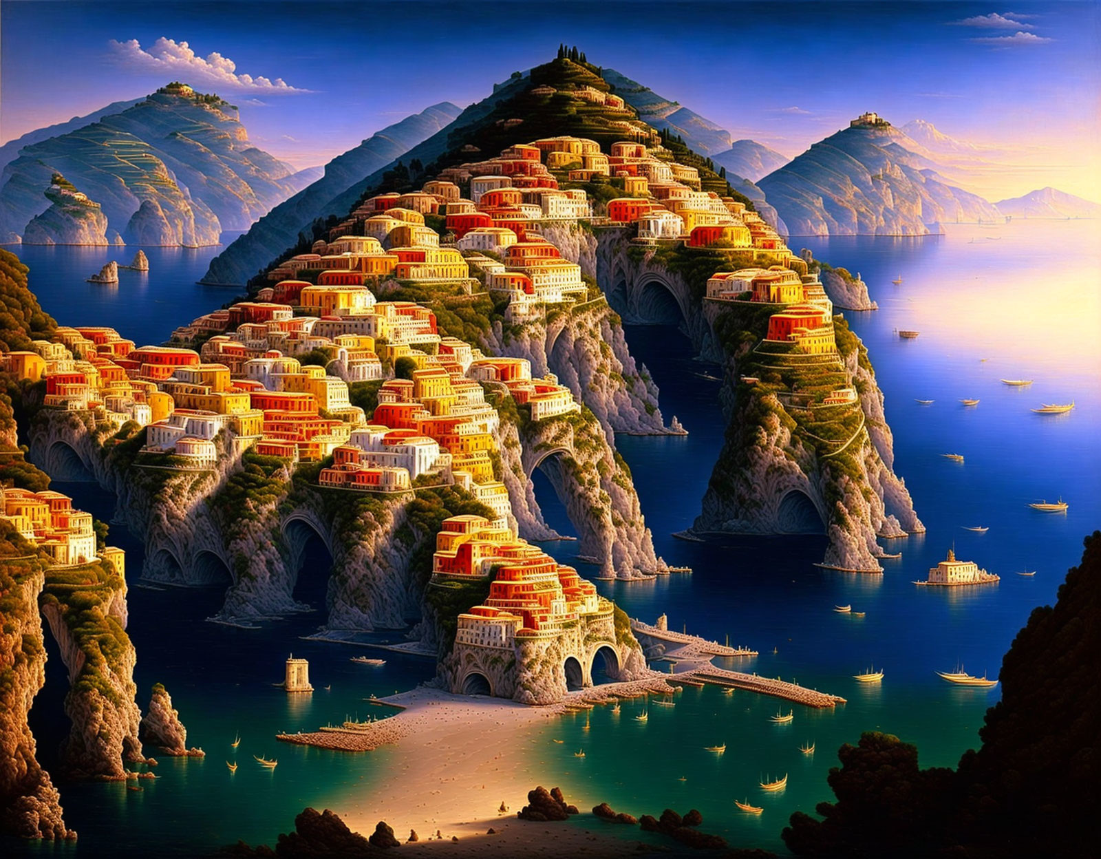 Coastal terraced city with vibrant orange roofs on cliffs by calm blue waters