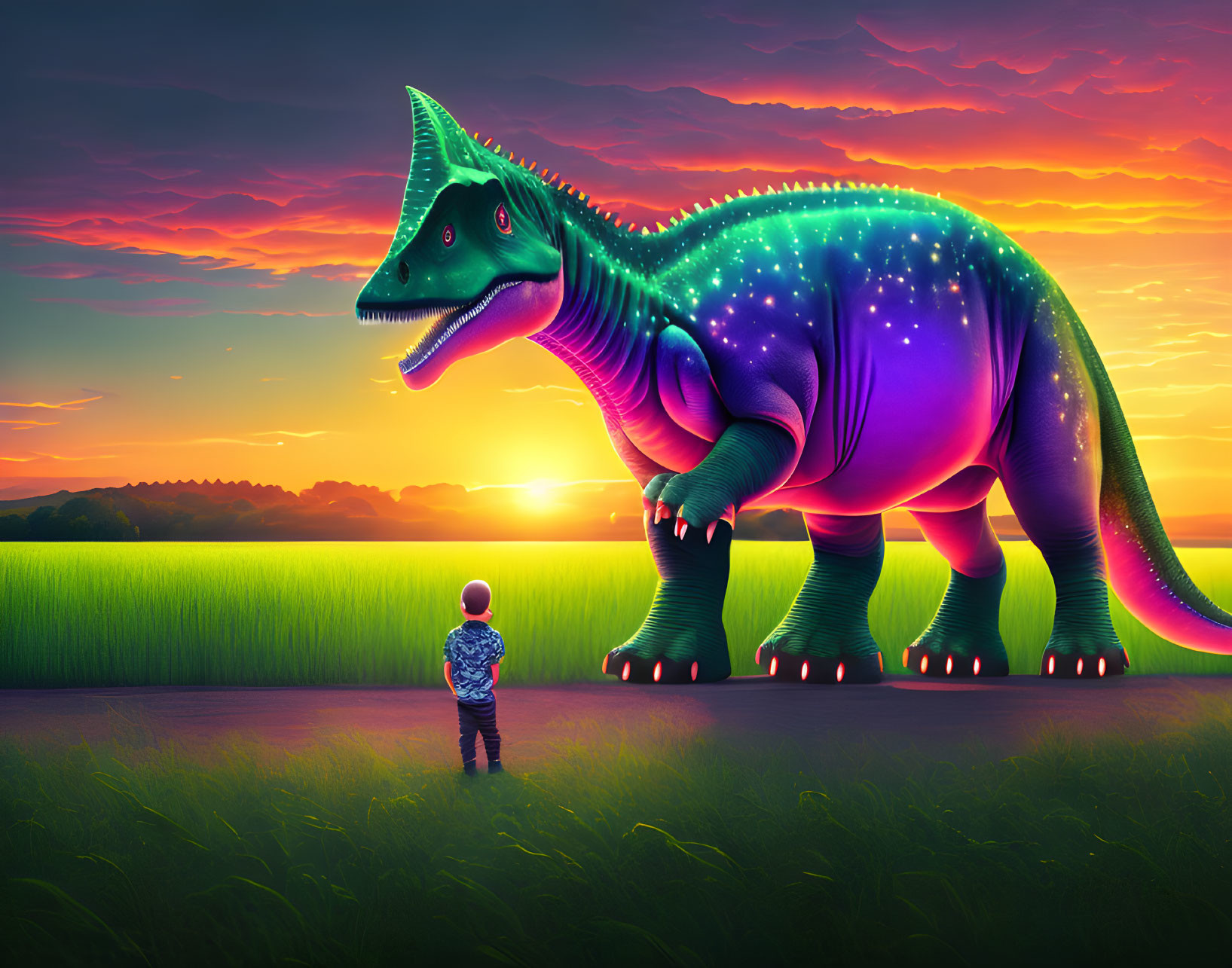 Child observing glowing dinosaur in sunset scene with vibrant sky and green field.