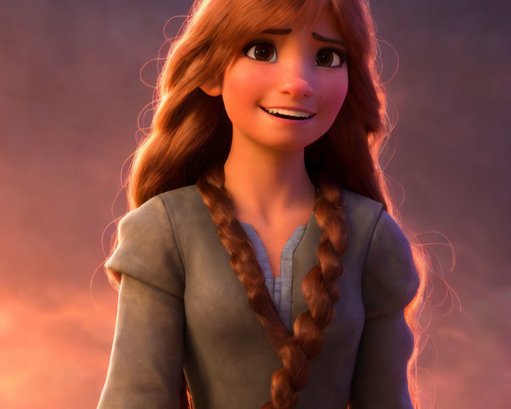 Smiling animated character with braid at sunset