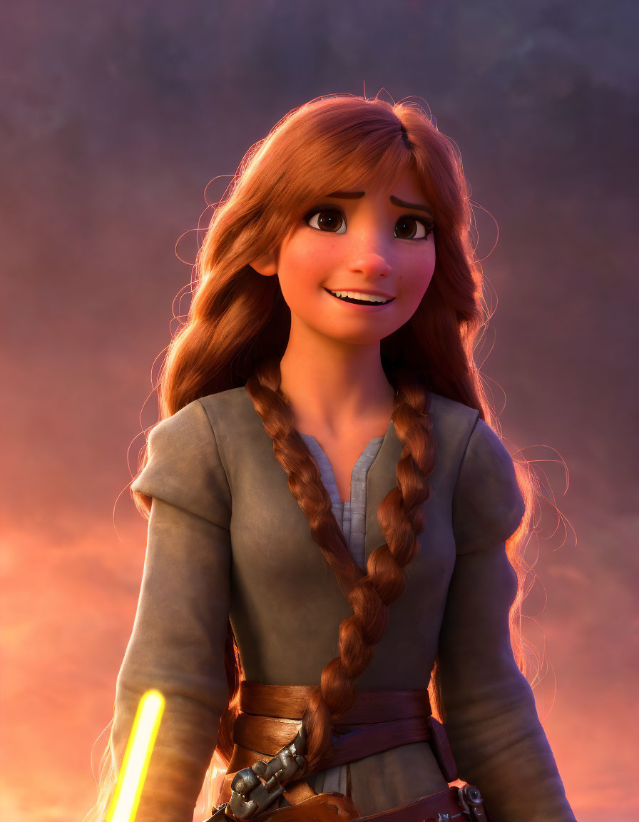 Smiling animated character with braid at sunset