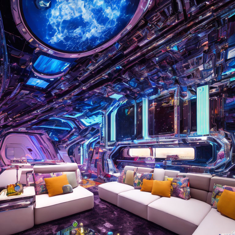 Futuristic Spaceship Interior with Neon Lighting and Cosmos Viewports
