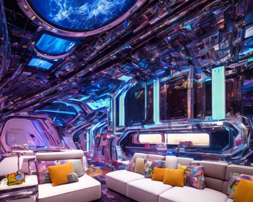 Futuristic Spaceship Interior with Neon Lighting and Cosmos Viewports