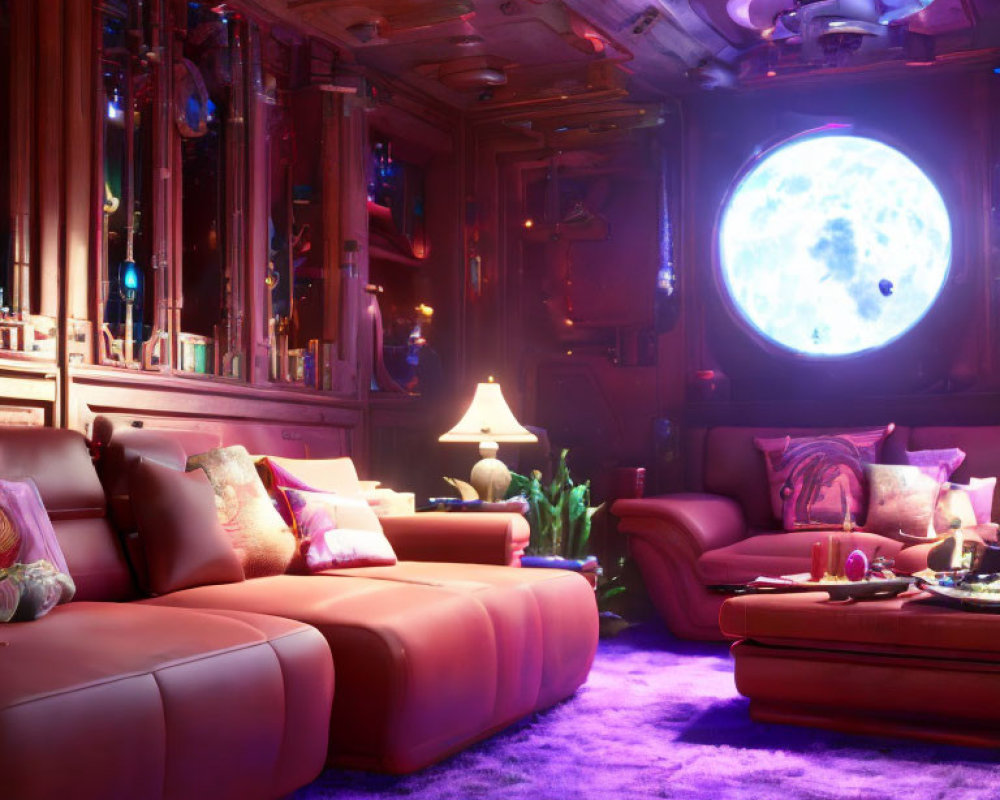 Opulent interior with red seating, purple carpet, ambient lighting, and space view.