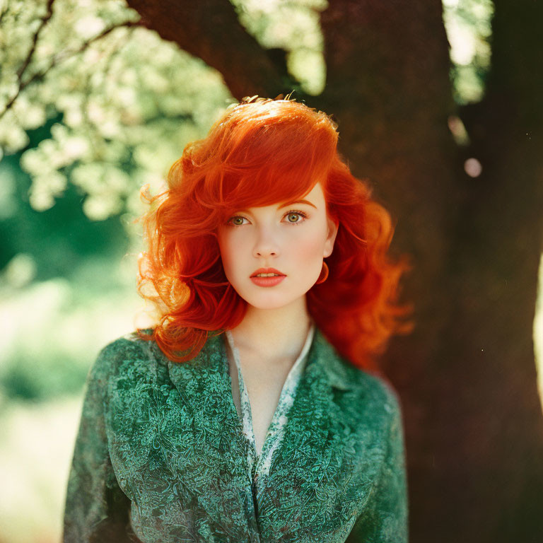 Vibrant red-haired woman in green attire against natural backdrop