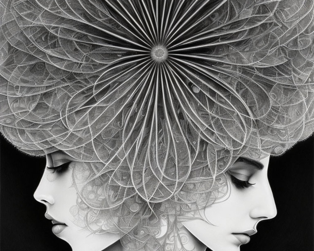 Symmetrical hair designs in artistic drawing on black background