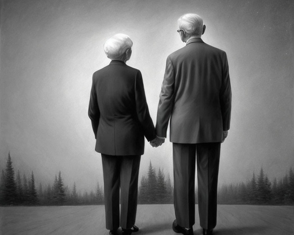 Elderly couple hand in hand gazing at misty horizon