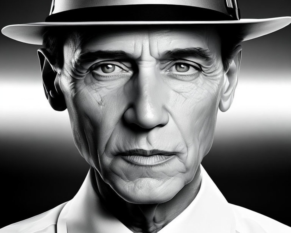 Monochromatic portrait of stern-faced man in fedora hat with intense gaze