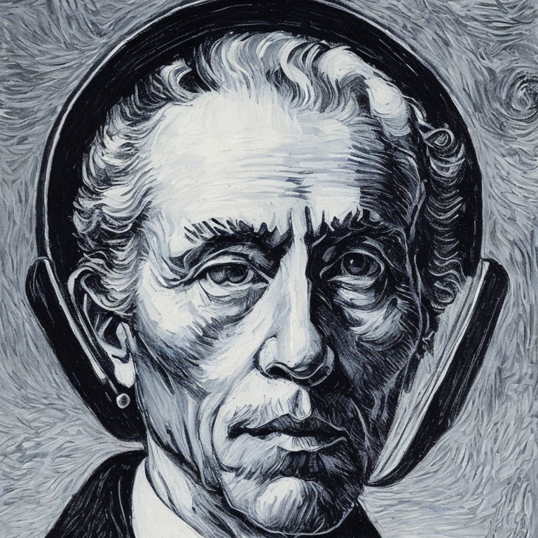 Detailed Monochromatic Portrait of Stern-Faced Man