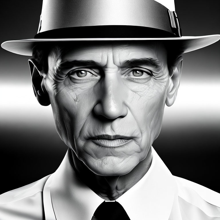 Monochromatic portrait of stern-faced man in fedora hat with intense gaze