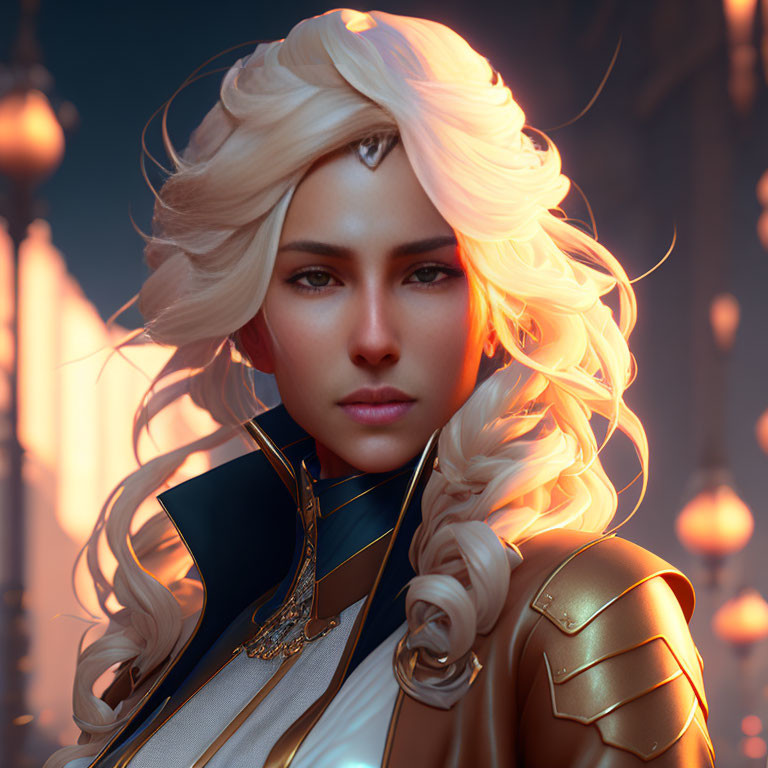 Blonde Woman in Golden Armor with Blue Cloak and Lantern Background