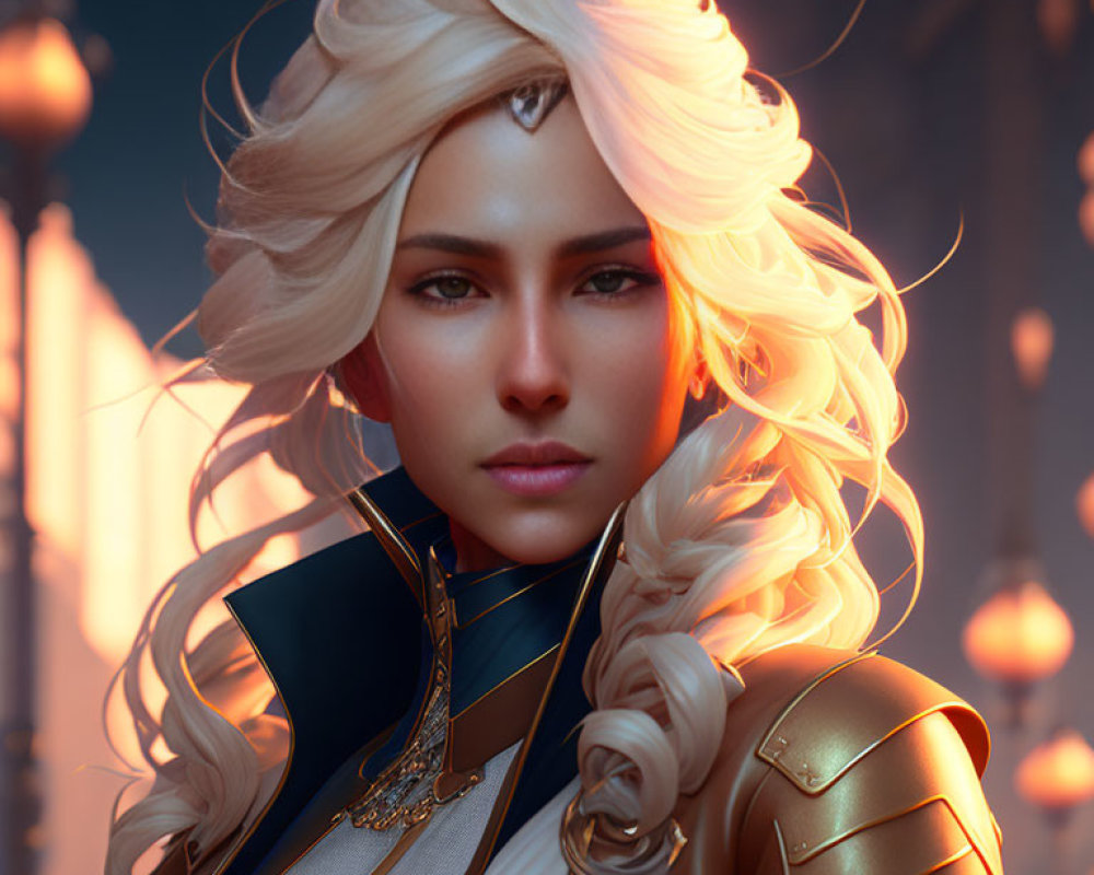 Blonde Woman in Golden Armor with Blue Cloak and Lantern Background