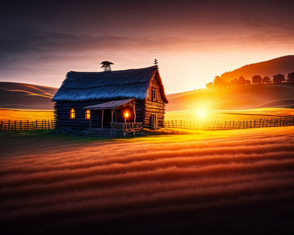 Thatched Roof Wooden Cabin in Golden Field at Sunset