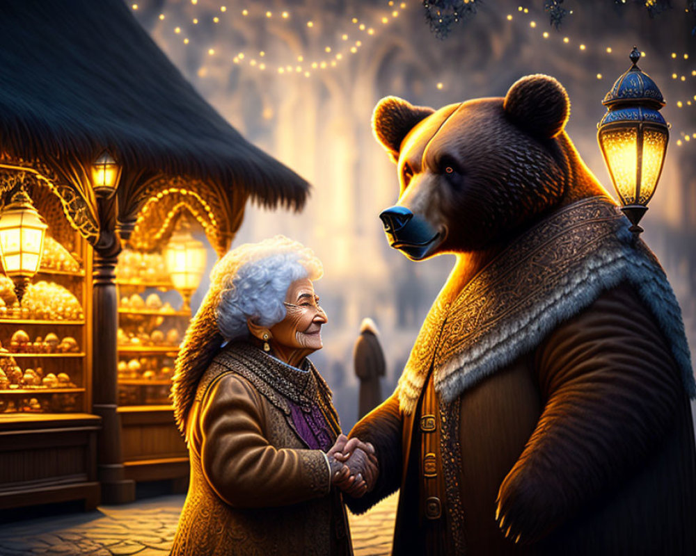 Elderly lady in knitted cardigan with anthropomorphic bear at festive market