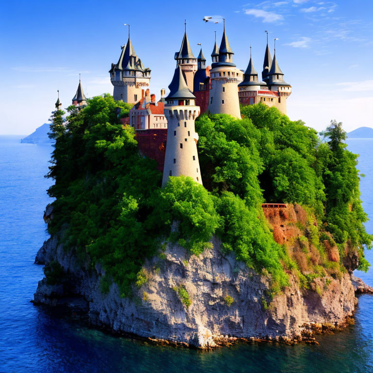 Fairytale castle with multiple spires on forested island in calm sea