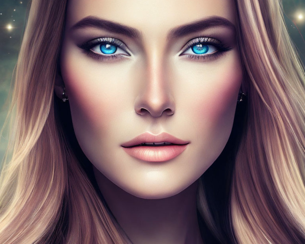 Portrait of woman with blue eyes, flawless skin, and blonde hair against starry backdrop