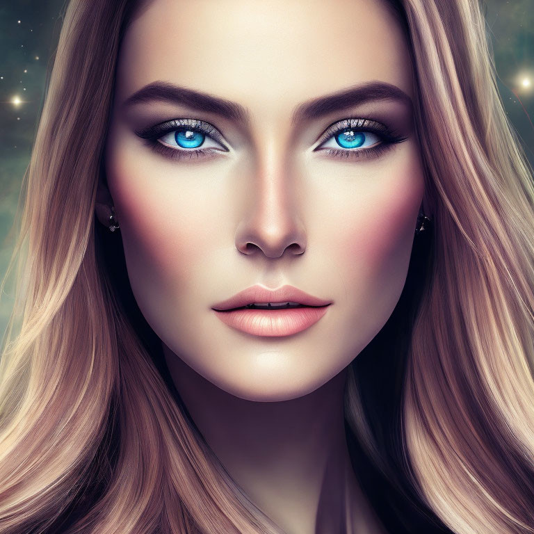 Portrait of woman with blue eyes, flawless skin, and blonde hair against starry backdrop