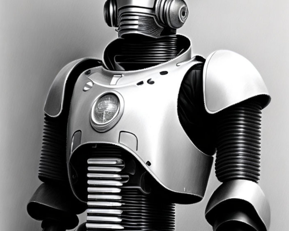 Monochrome retro-futuristic robot with expressive eyes and detailed torso