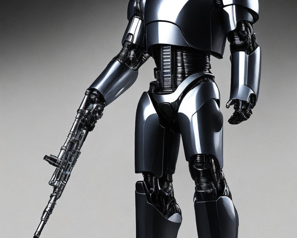 Detailed Silver Humanoid Robot with Gun Arm on Gradient Background