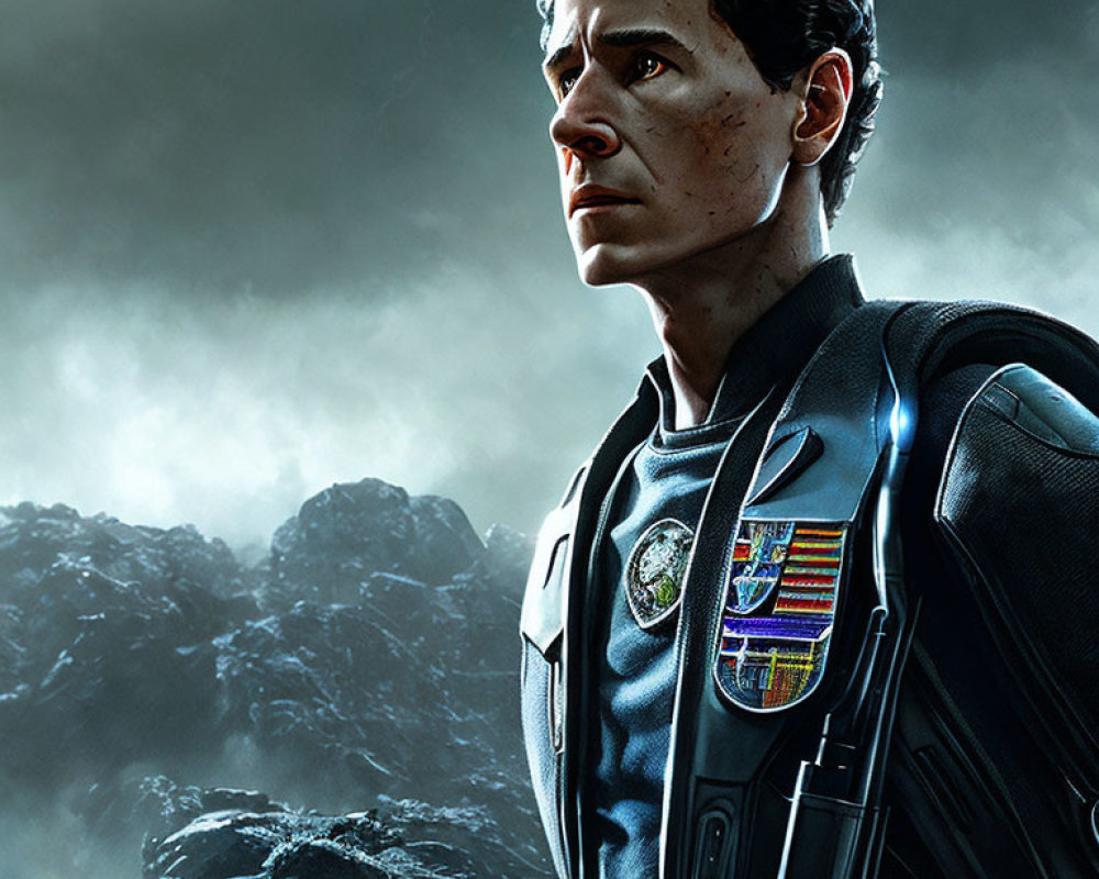 Serious man in futuristic uniform on rocky landscape under stormy sky