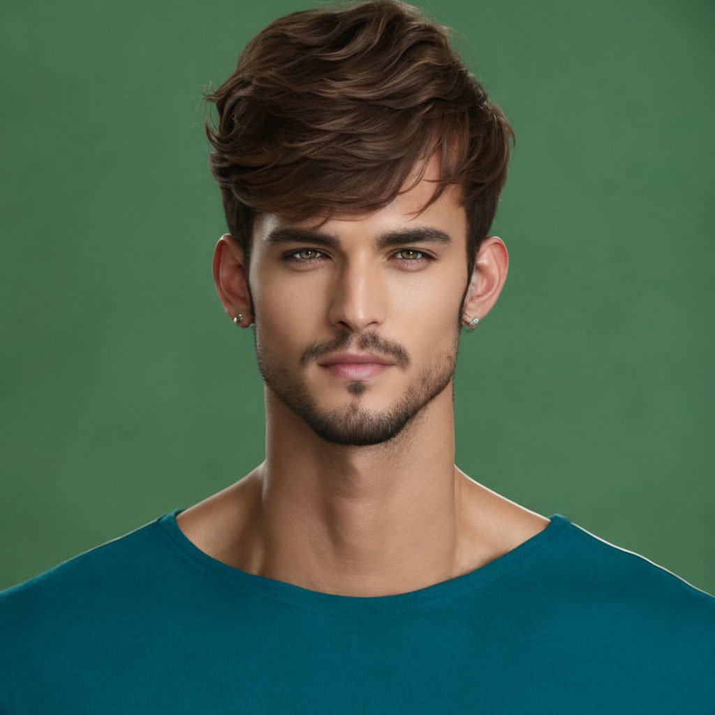 Styled man with brown hair, beard, and earrings in teal shirt on green background