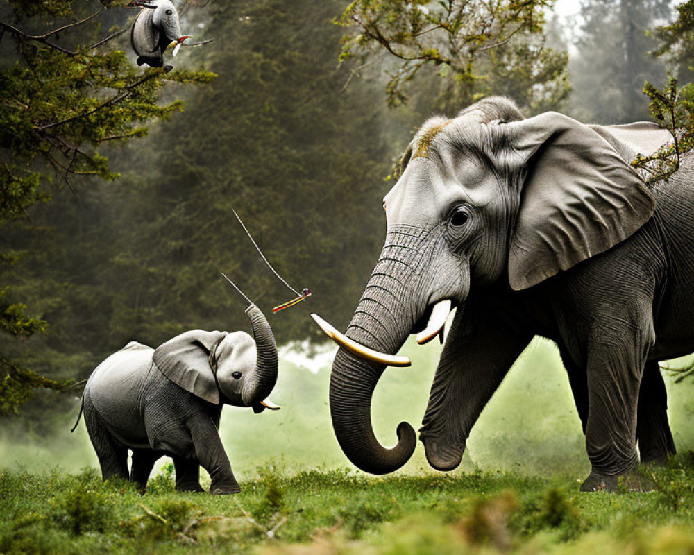 Digitally manipulated image of elephant and calf with flying creatures in misty forest