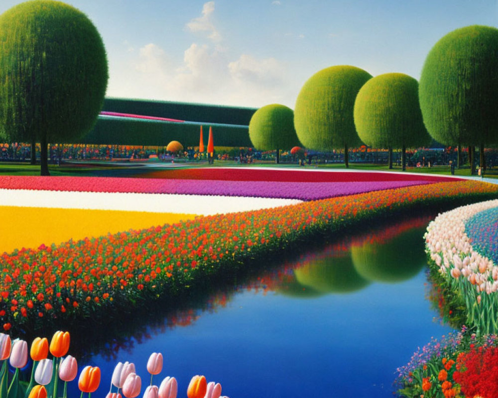 Colorful Tulip Fields by Reflective Water Canal & Trimmed Trees