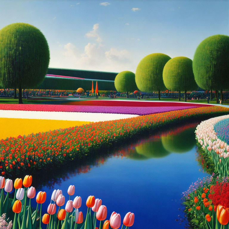 Colorful Tulip Fields by Reflective Water Canal & Trimmed Trees