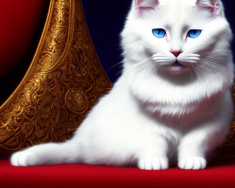 Majestic white cat with blue eyes on red and gold throne-like chair