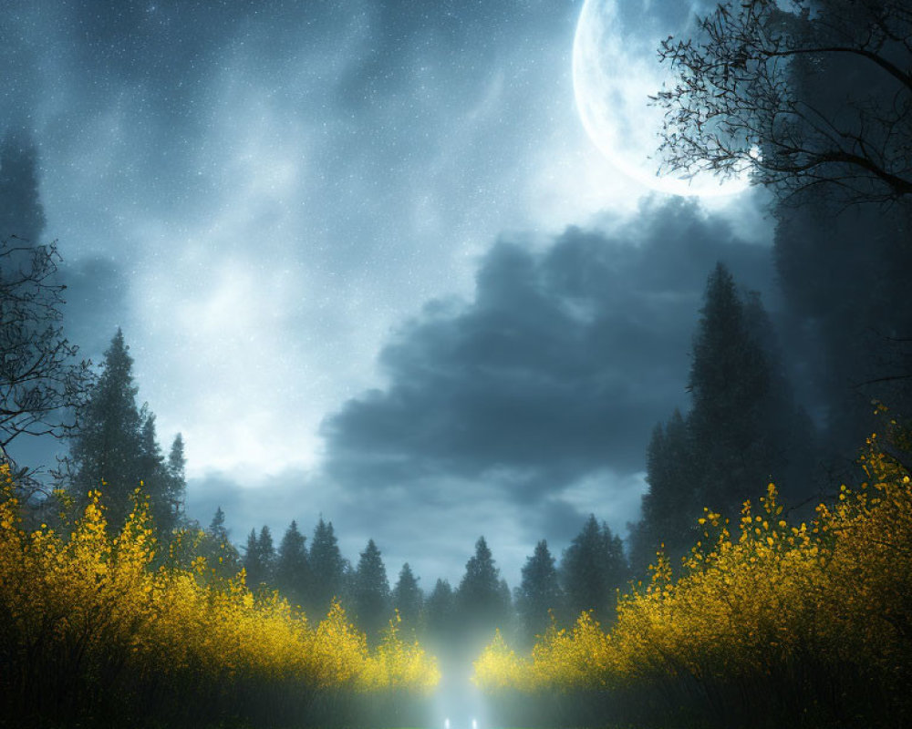 Tranquil night landscape with full moon, starry sky, wildflowers, and dark forest