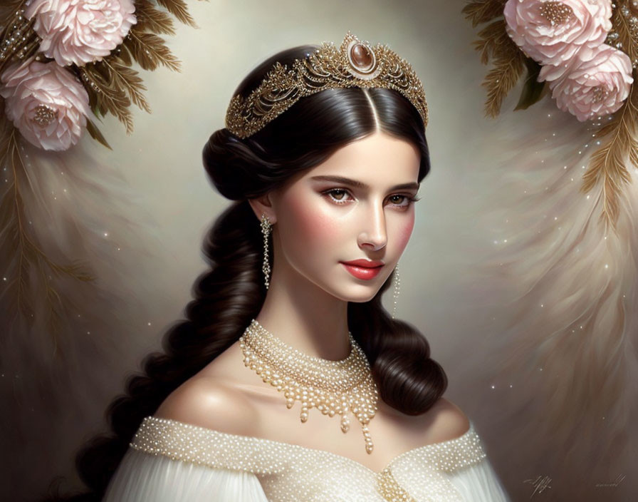 Regal woman portrait with golden tiara and pearl jewelry