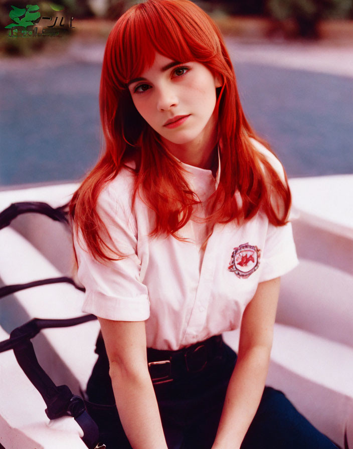 Woman with Red Hair and Badge in White Shirt and Black Trousers on Bench