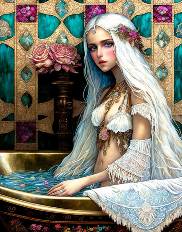Fantasy illustration of a woman with white hair next to a golden bowl and stained glass windows
