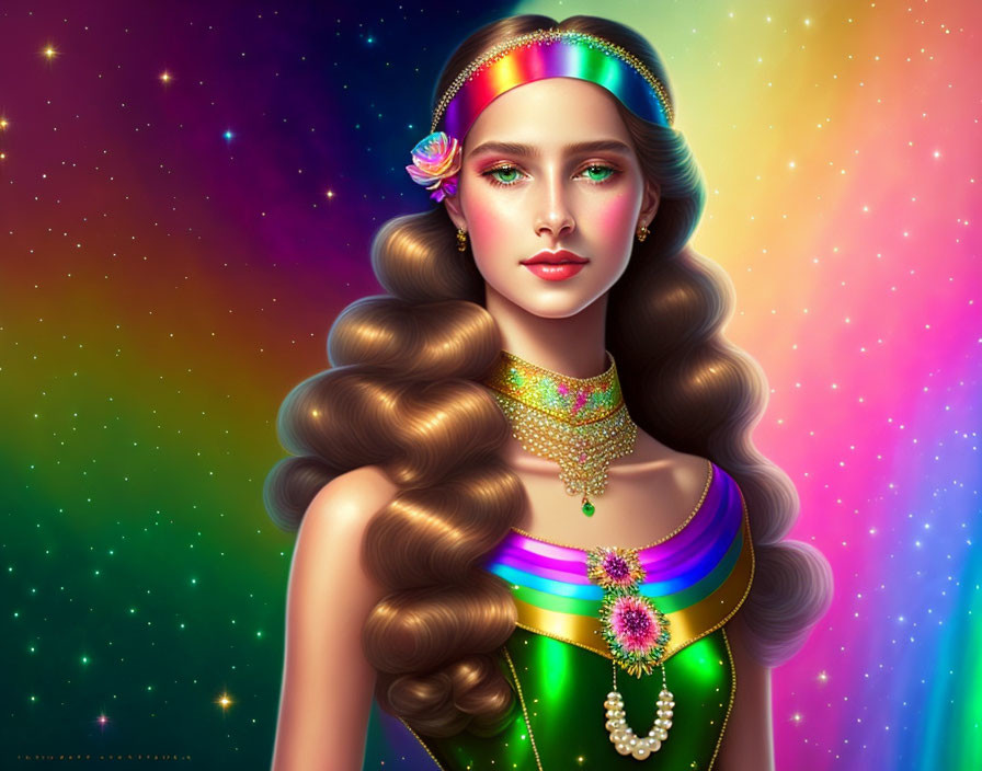 Digital illustration: Woman with long brown hair, vibrant makeup, colorful attire on cosmic backdrop