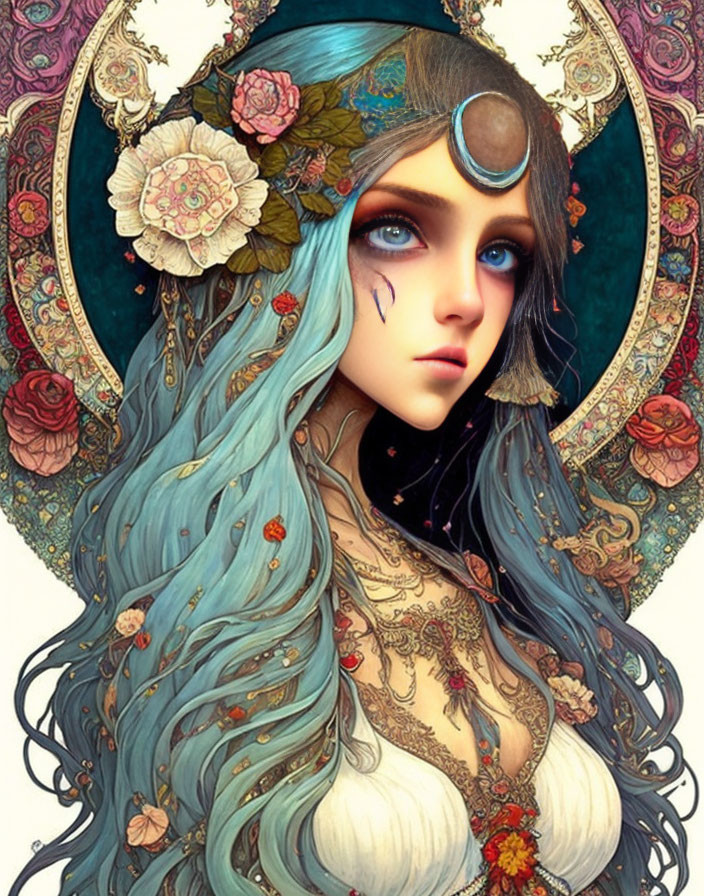 Fantastical female character with blue hair and tattoos in moon and rose frame