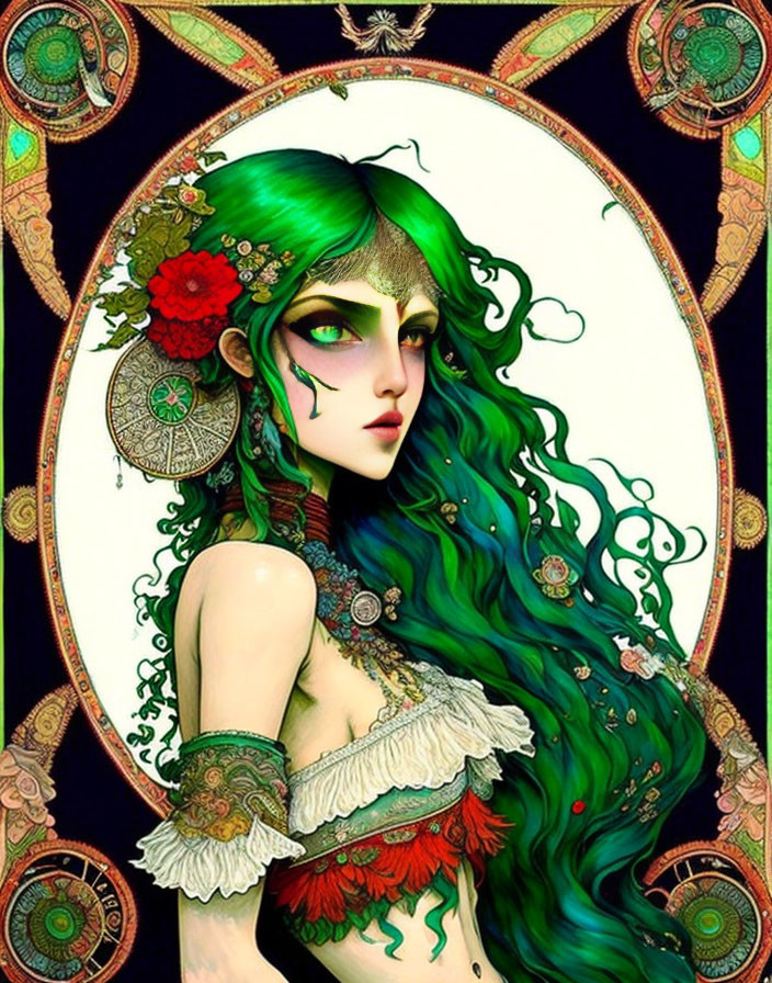 Vibrant green-haired mystical woman with floral decorations and ornate patterns
