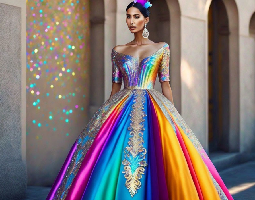 Colorful Off-Shoulder Gown with Gold Embroidery in Classic Setting