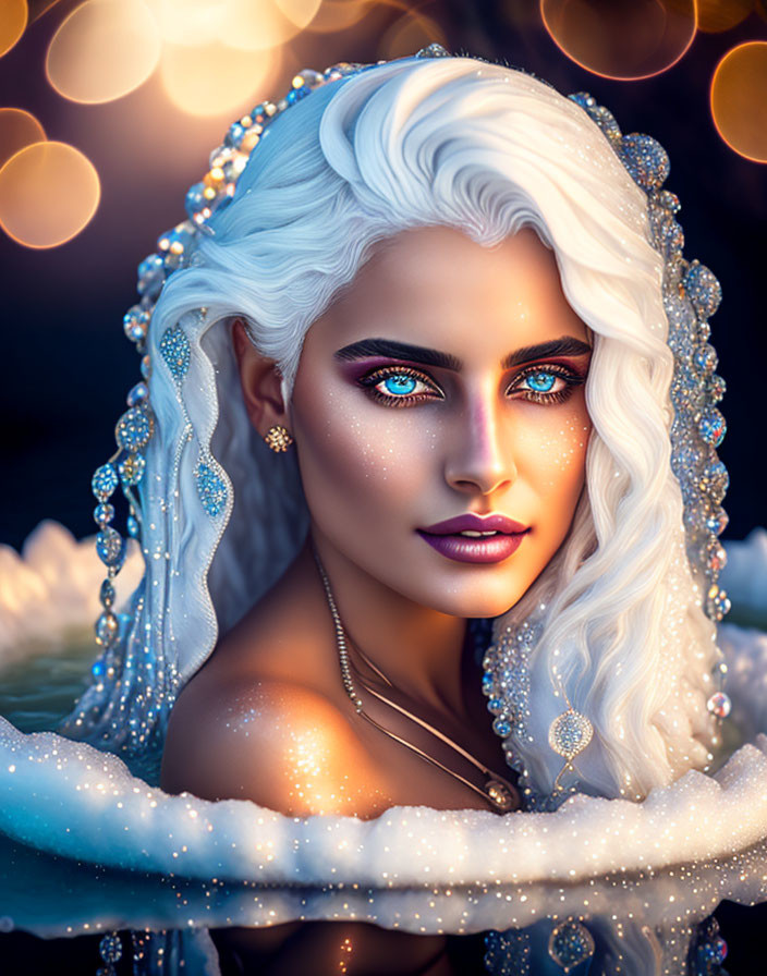 Fantasy illustration of woman with white hair and blue eyes in pearl-adorned dress