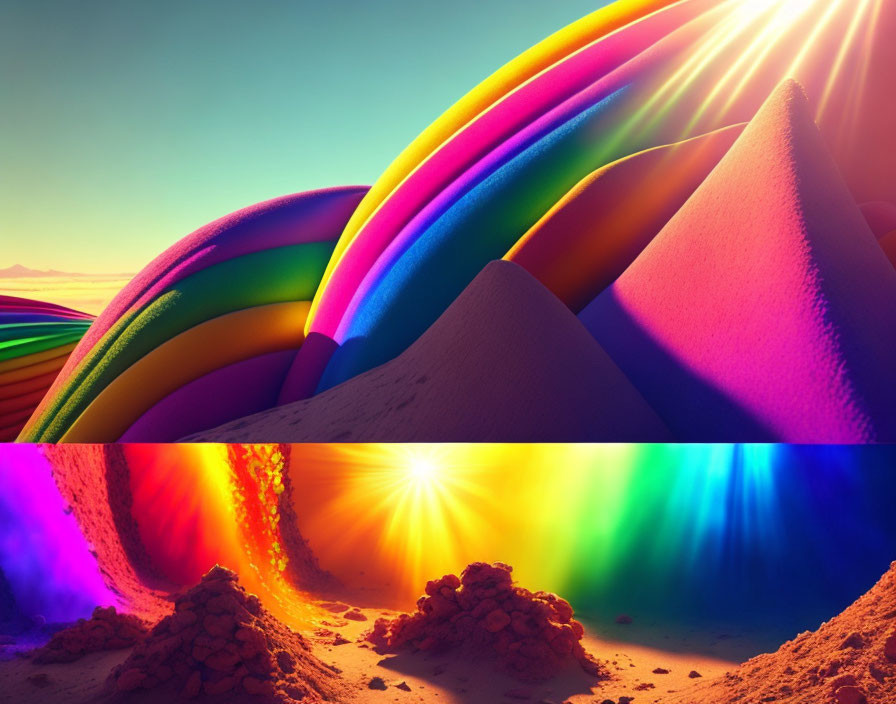 Colorful digital art: Exaggerated rainbow sand dunes under glowing sun
