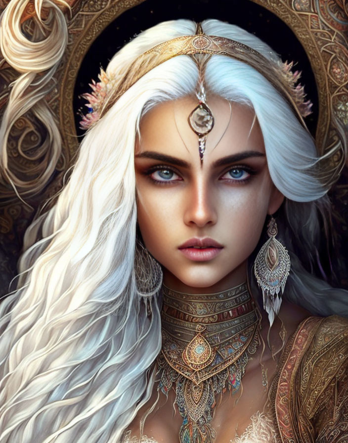 Digital artwork of woman with blue eyes, white hair, and ornate jewelry