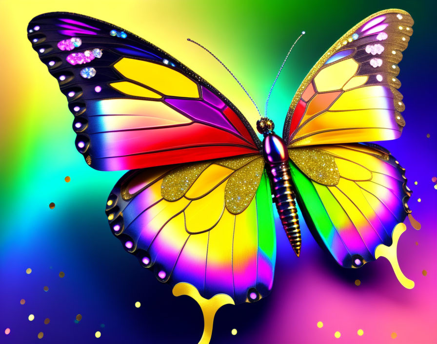 Colorful Butterfly Illustration with Rainbow Gradient Wings and Jewels on Multicolored Background