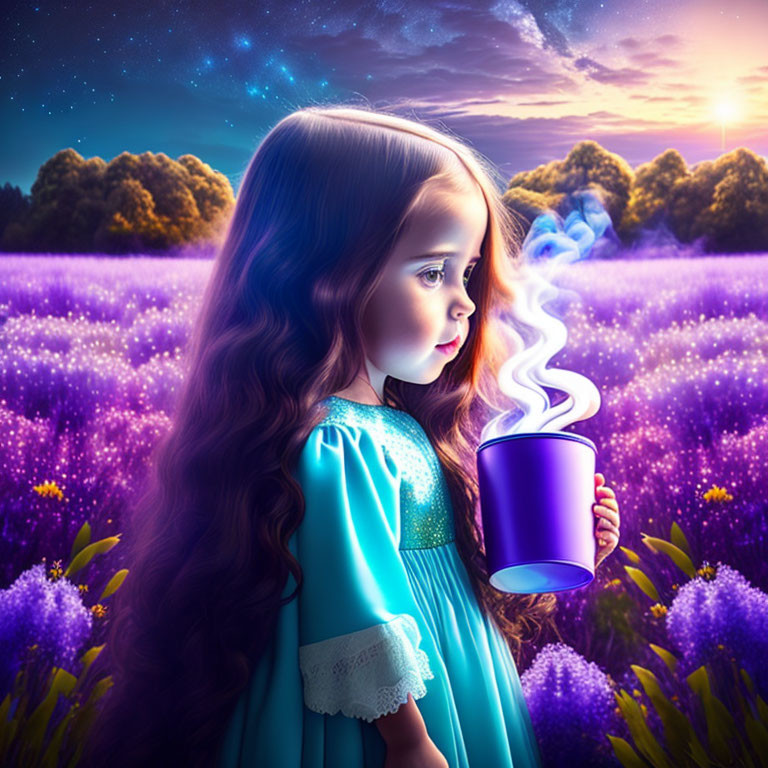Young girl with steaming mug in purple flower field at sunset