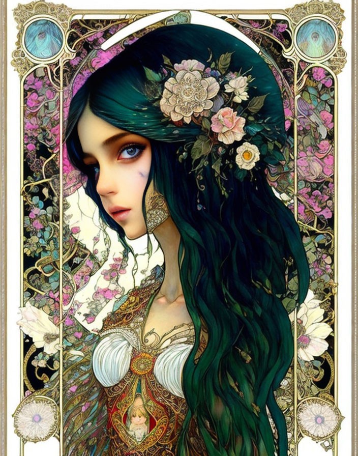 Illustrated portrait of woman with blue hair and floral adornments in Art Nouveau-style border.