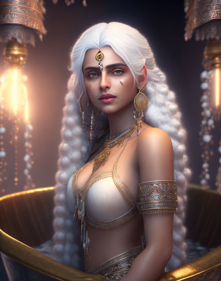 Digital portrait of woman with white hair and gold jewelry in candlelit setting