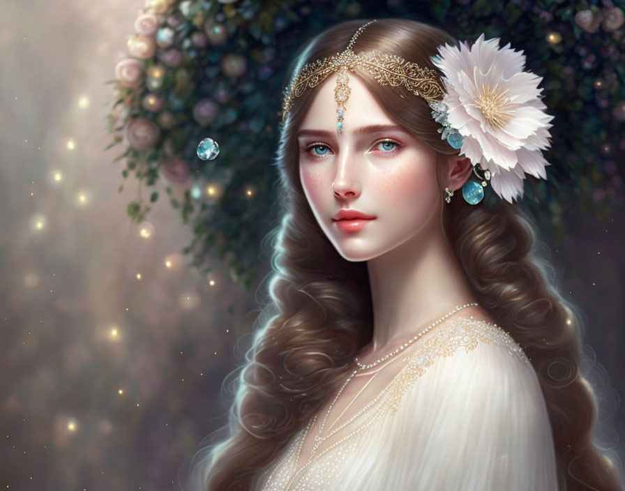 Ethereal woman with wavy hair and blue eyes in decorative attire against floral backdrop