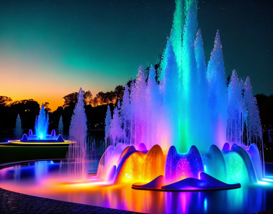 Vivid Colorful Lights Illuminate Night Fountain