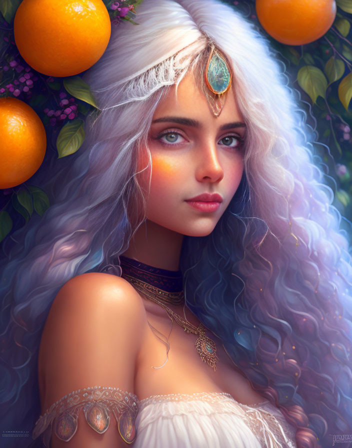 Digital artwork featuring woman with white hair, blue eyes, gold jewelry, surrounded by fruits and foliage.